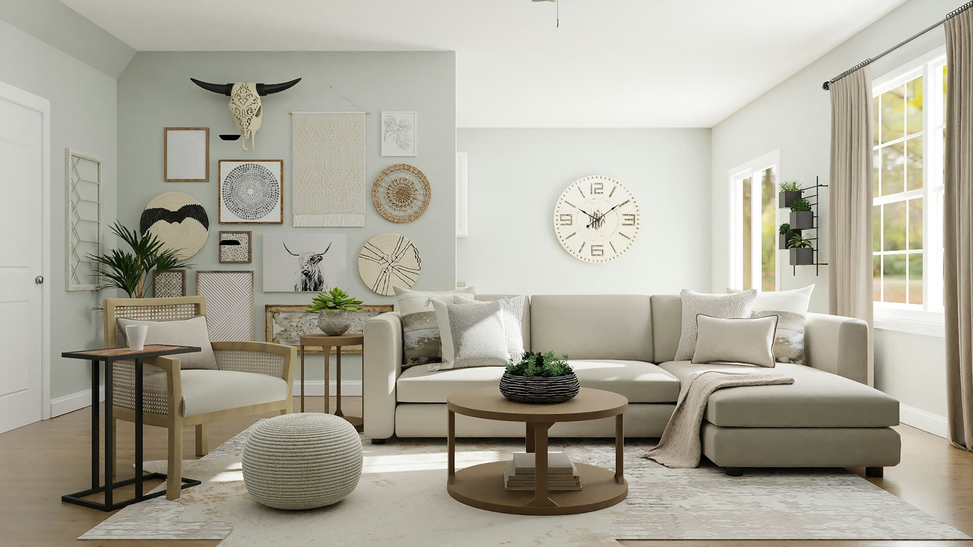 A calm sitting room in soft sage and cream, everything in its place